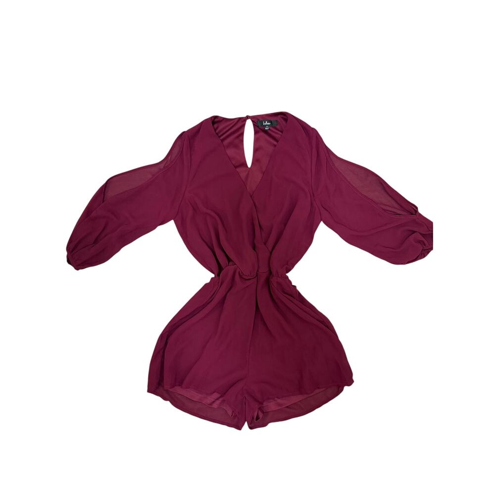 Lulus Burgundy Wrap Front Romper Split Sleeve Chiffon Shorts